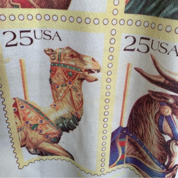 Vintage Postal Stamps Crewneck Sweatshirt Adult Large Mens 80s 90s Sweater Deer - Picture 5 of 9